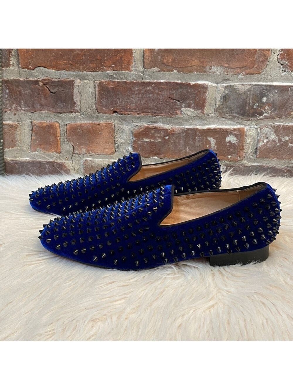 FERUCCI Blue Velvet Loafers with Black Spikes, Size US 7